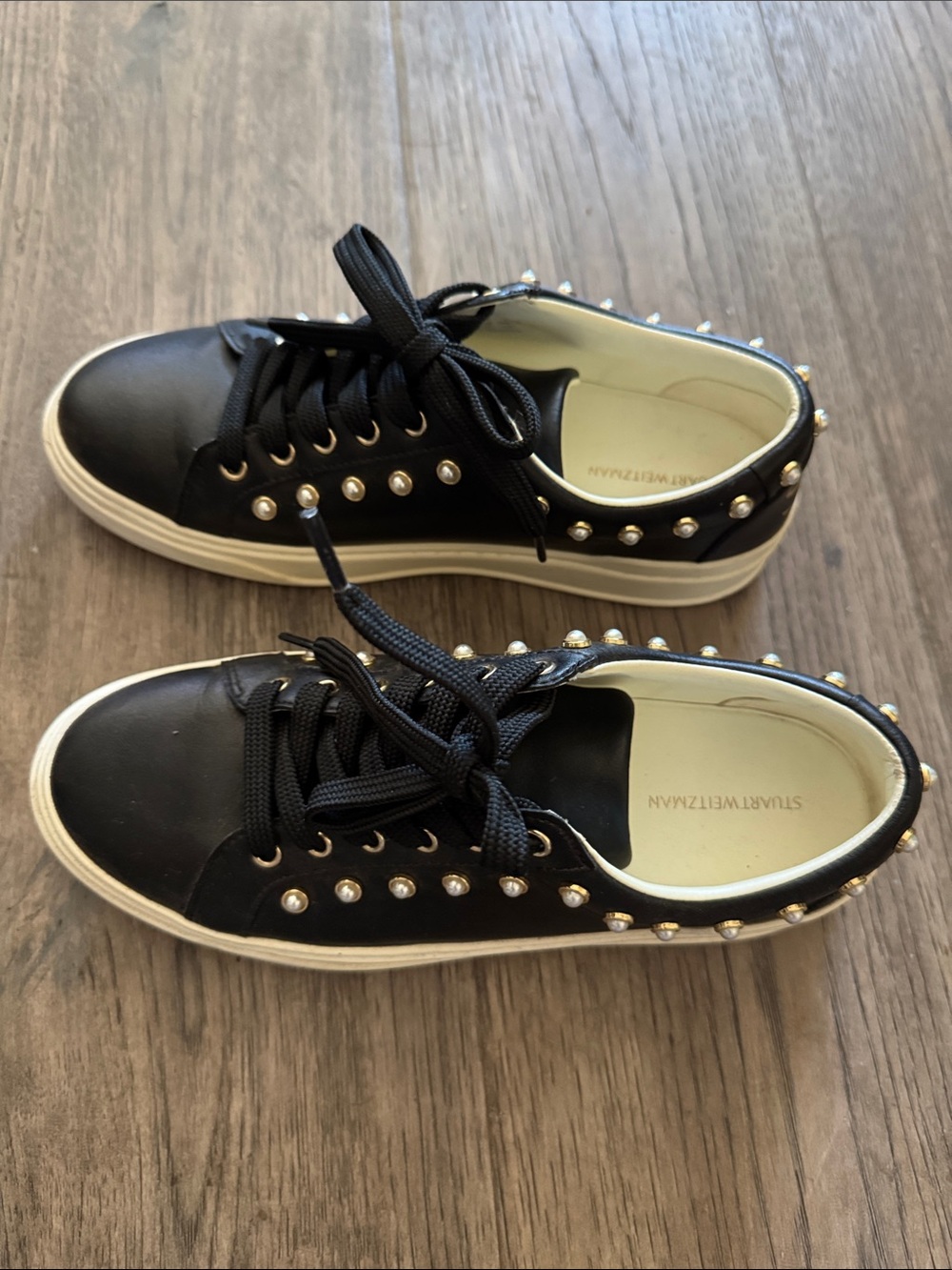 Stuart Weitzman Black Sneakers with Pearl Studs